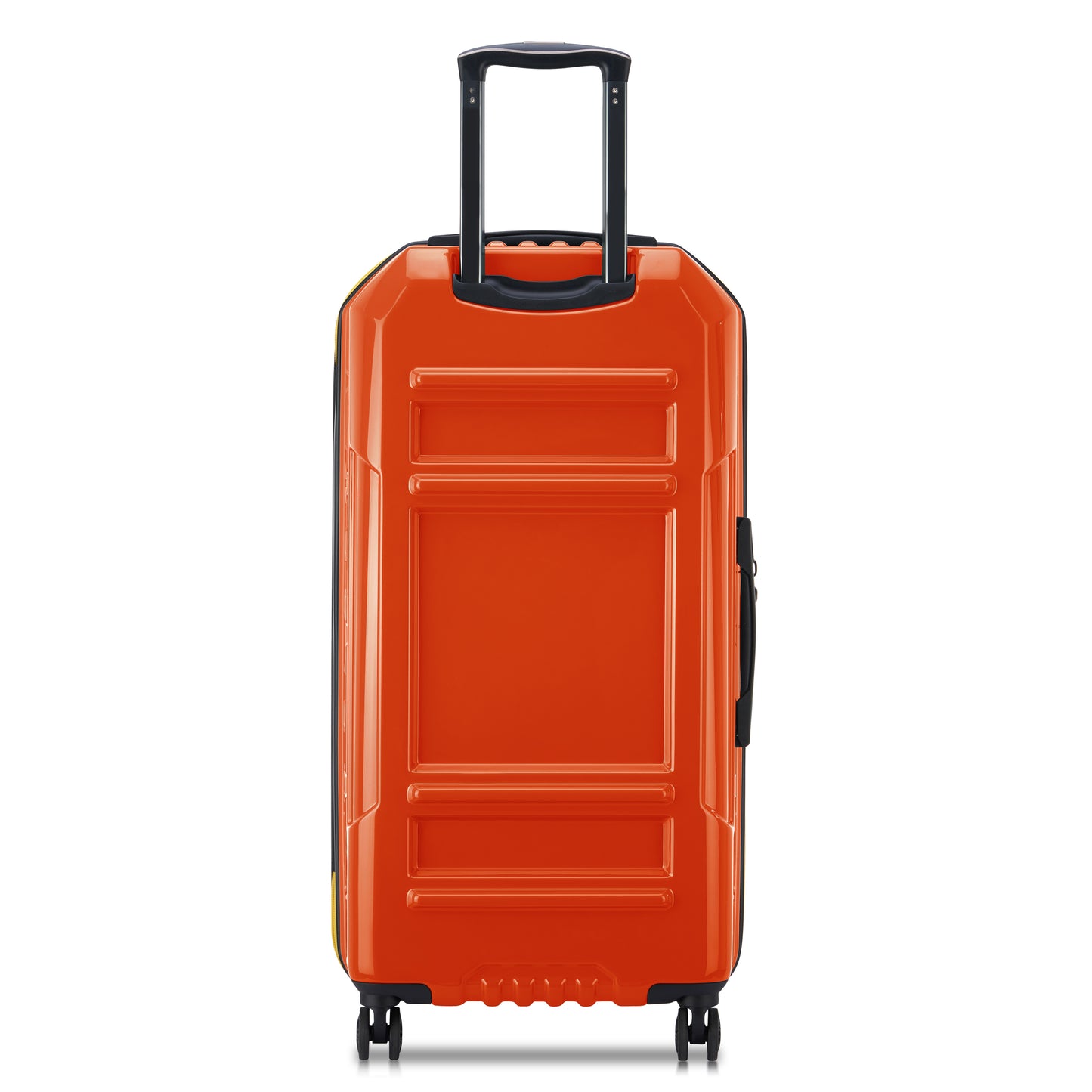 Mala grande rígida laranja com design expandível, alça retrátil e rodas giratórias, produzida pela DELSEY, ideal para viagens com resistência e estilo.