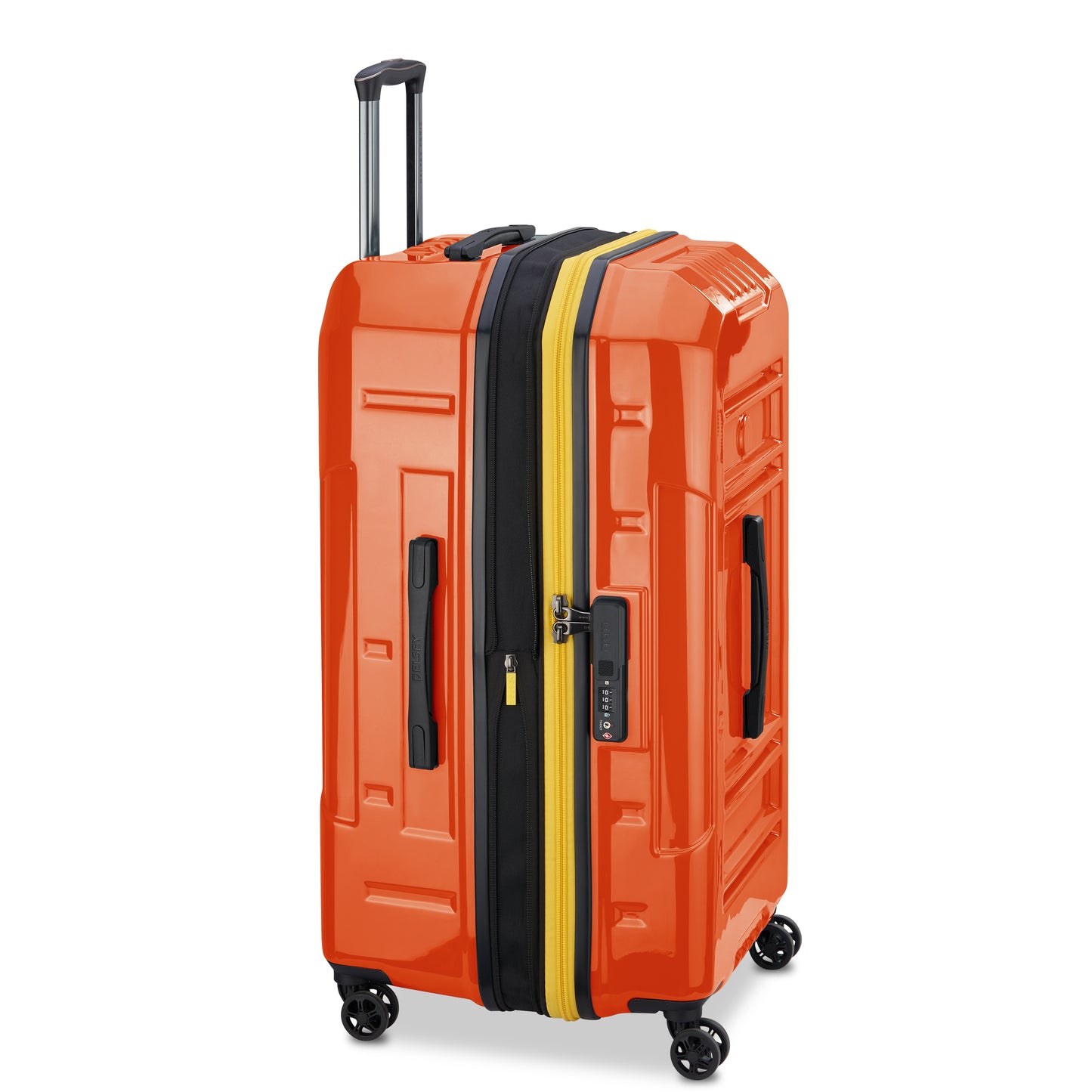 Mala grande rígida em policarbonato laranja com design trunk expansível, equipada com rodas giratórias, alças laterais e sistema de trava TSA da marca DELSEY.
