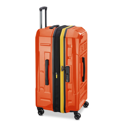 Mala grande rígida em policarbonato laranja com design trunk expansível, equipada com rodas giratórias, alças laterais e sistema de trava TSA da marca DELSEY.