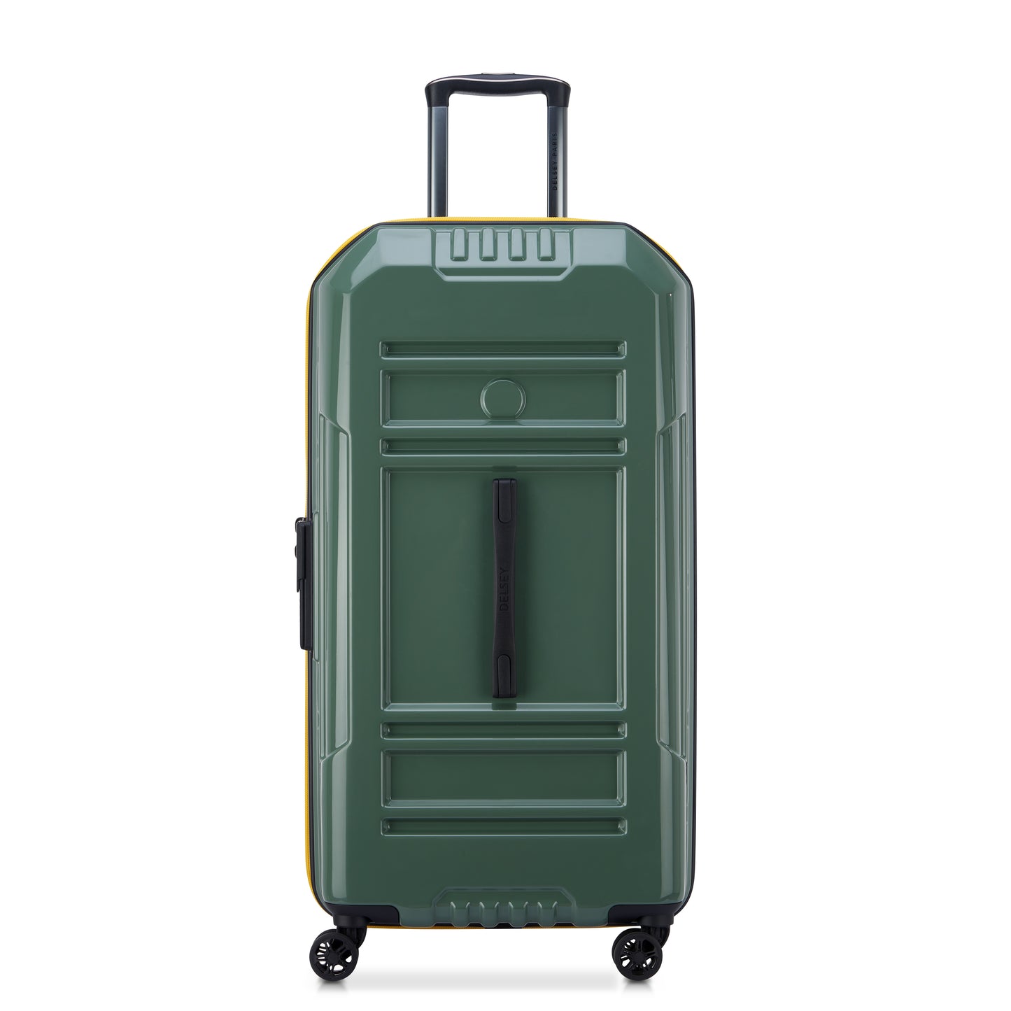 Mala grande expansível em policarbonato verde estilo trunk com alça retrátil e quatro rodas giratórias, design resistente e elegante da marca DELSEY.