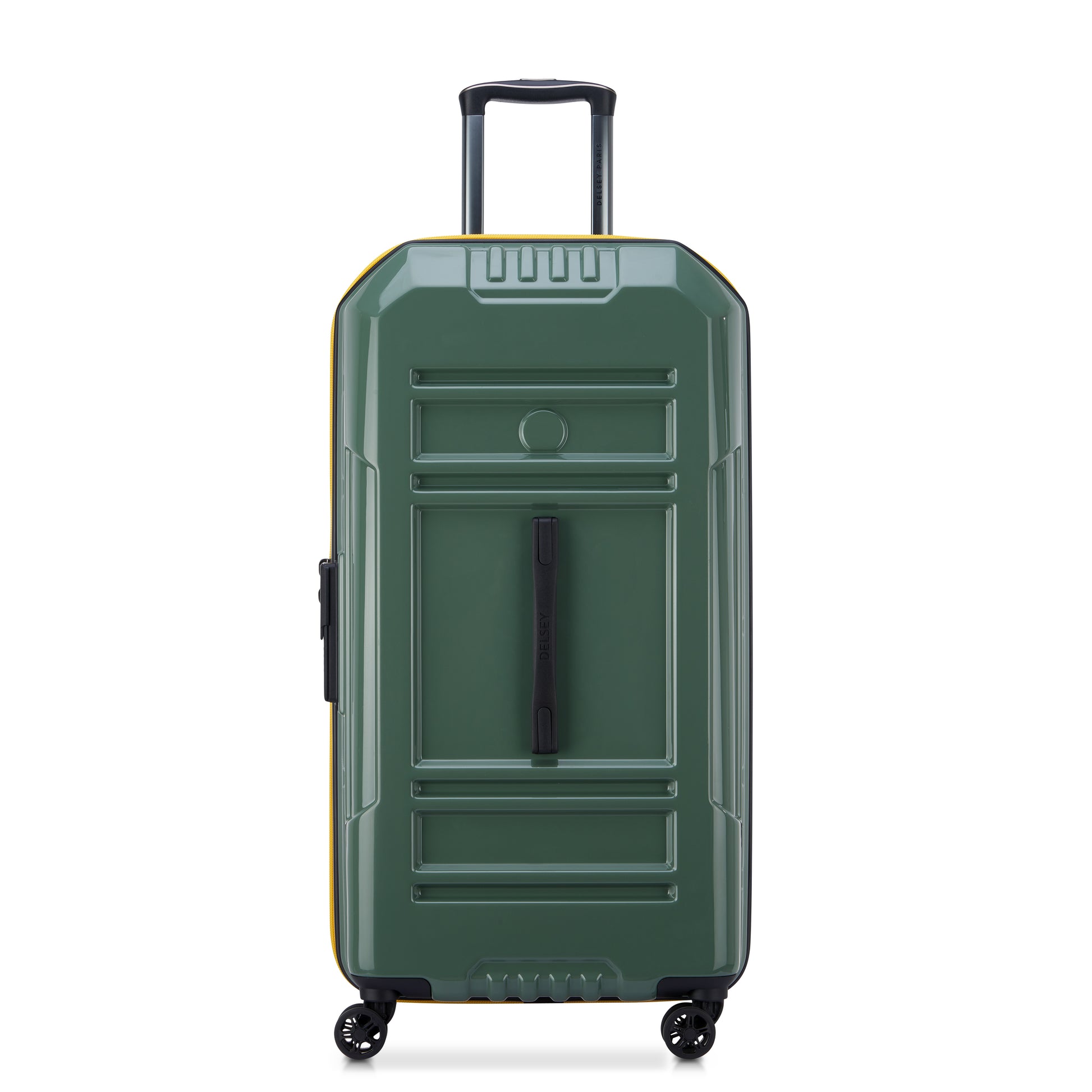 Mala grande expansível em policarbonato verde estilo trunk com alça retrátil e quatro rodas giratórias, design resistente e elegante da marca DELSEY.