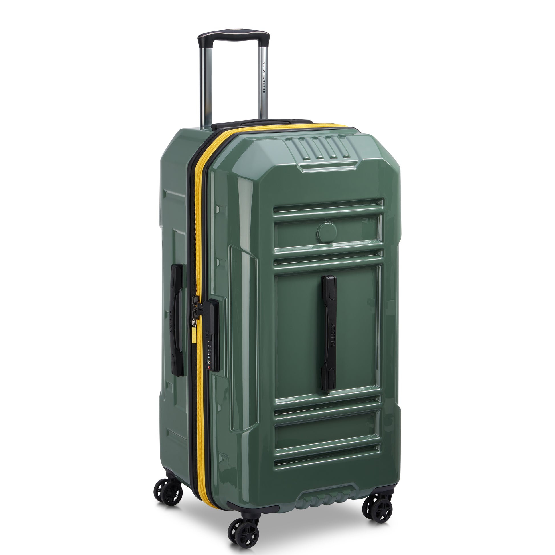 Mala de viagem grande no formato trunk, rígida e expansível com acabamento verde cactus e detalhes em amarelo, equipada com rodinhas giratórias e alça telescópica, da DELSEY.