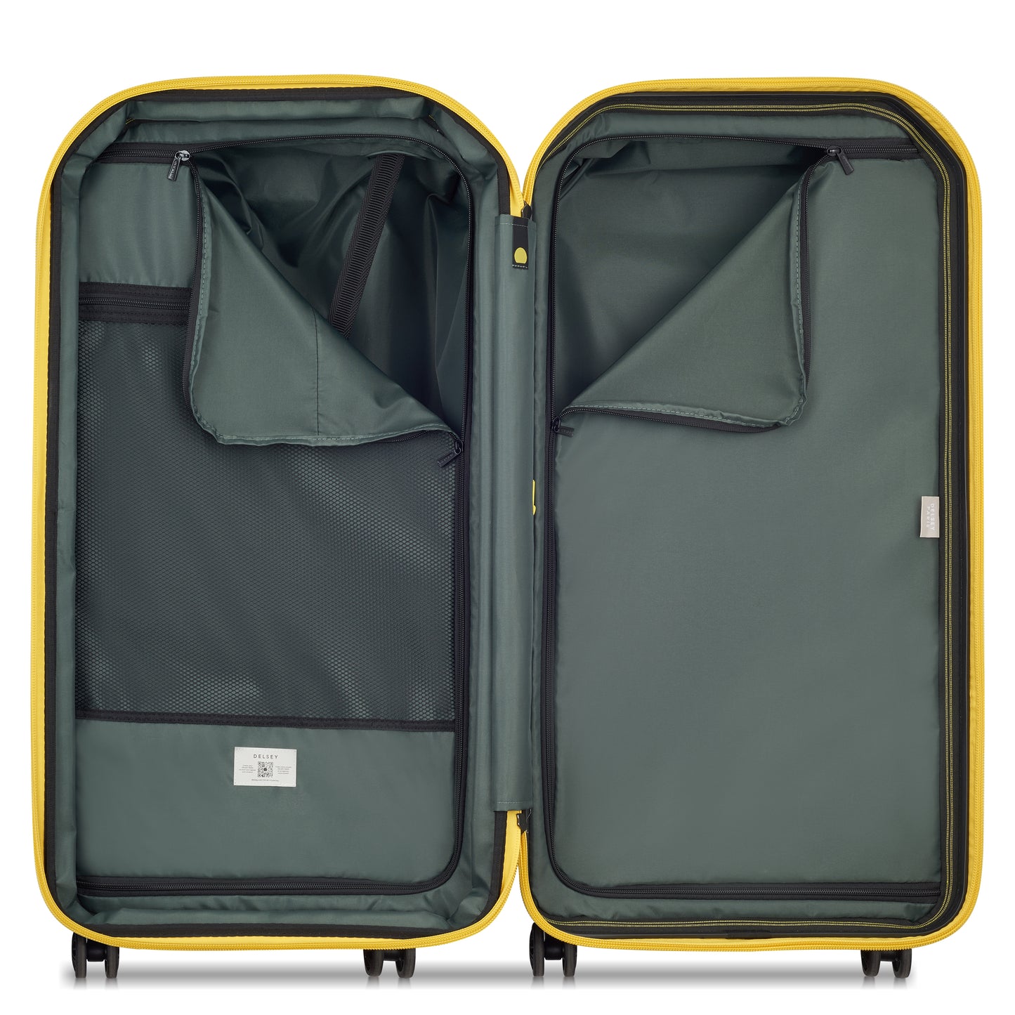 Mala de viagem grande expansível DELSEY com interior verde, compartimentos com zíper e tecido resistente, ideal para organizar itens com segurança e praticidade.