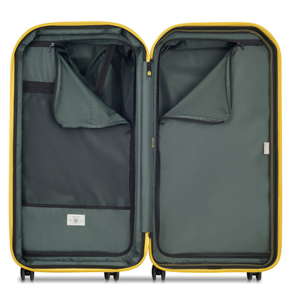 Mala de viagem grande expansível DELSEY com interior verde, compartimentos com zíper e tecido resistente, ideal para organizar itens com segurança e praticidade.