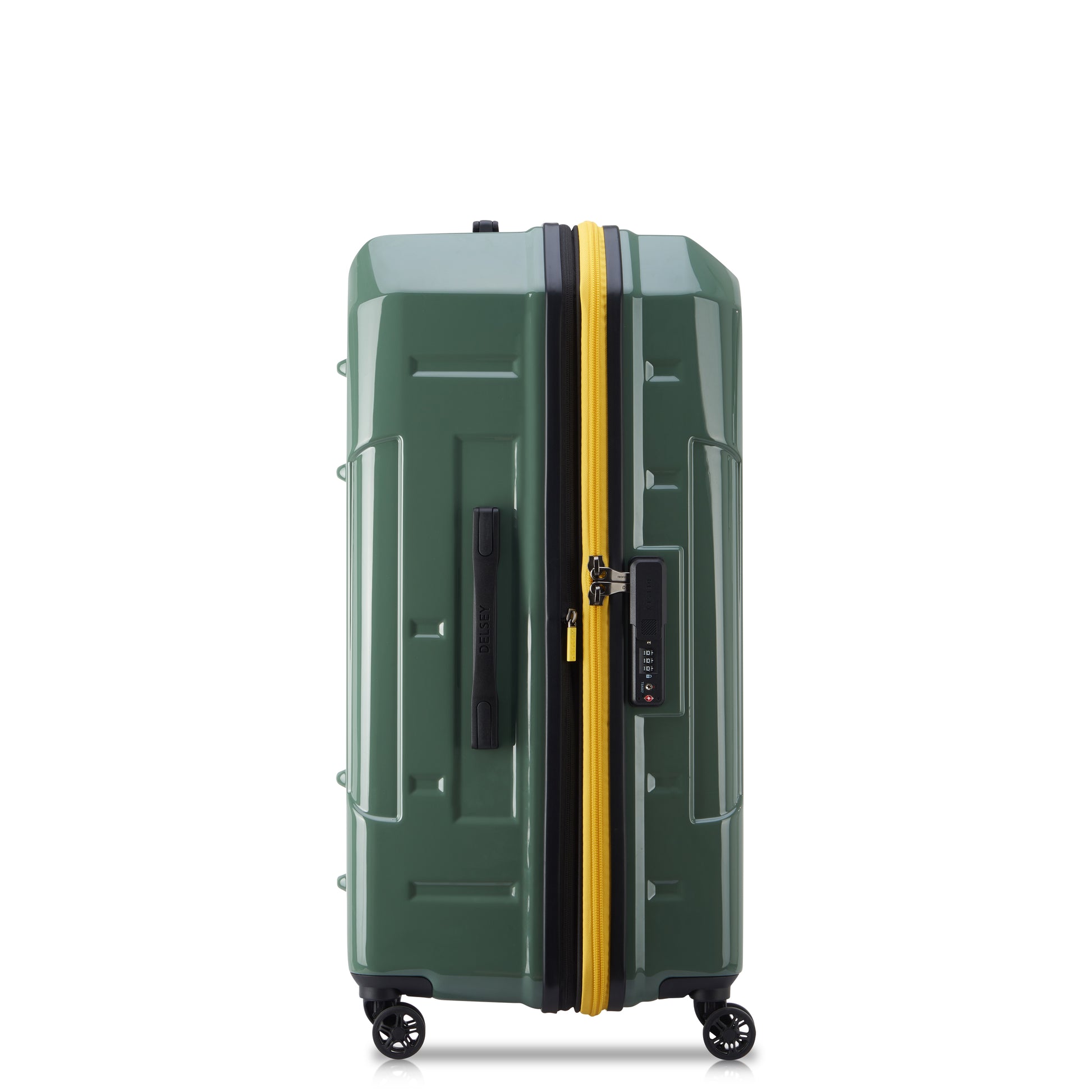 Mala grande rígida verde com zíper amarelo expansível, quatro rodas giratórias, alça lateral e trava TSA da marca DELSEY, ideal para viagem e fácil de manusear.