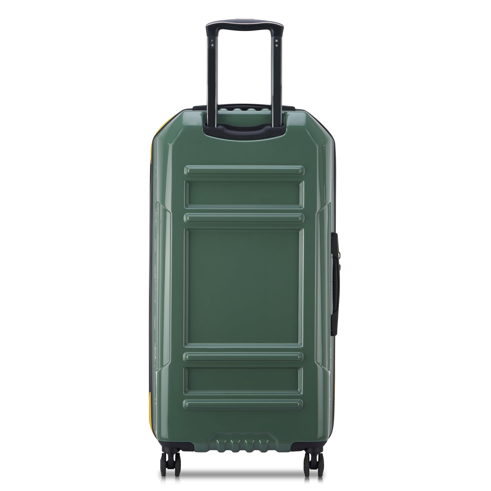 Mala grande rígida expansível na cor verde cactus com design trunk, rodas giratórias e puxador telescópico, fabricada pela DELSEY, reconhecida pela durabilidade e inovação.