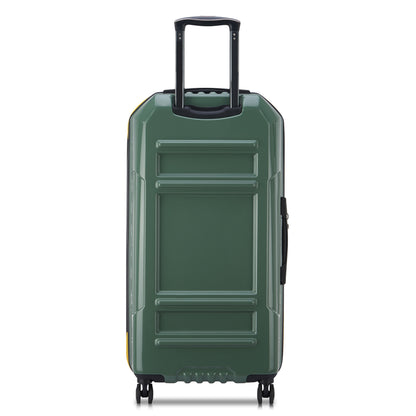 Mala grande rígida expansível na cor verde cactus com design trunk, rodas giratórias e puxador telescópico, fabricada pela DELSEY, reconhecida pela durabilidade e inovação.