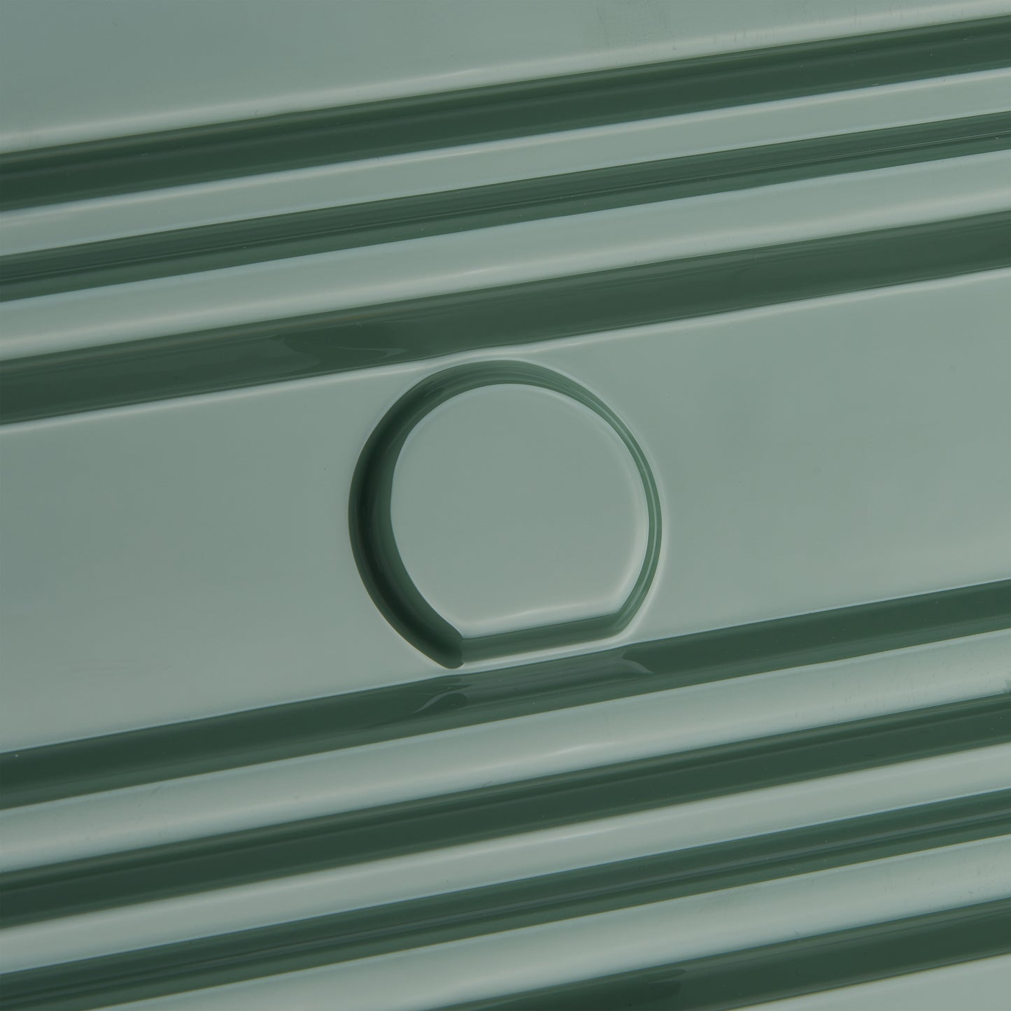 Detalhe da superfície rígida verde cactus de mala grande expansível DELSEY com design em formato trunk, destacando textura e resistência do policarbonato.