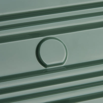 Detalhe da superfície rígida verde cactus de mala grande expansível DELSEY com design em formato trunk, destacando textura e resistência do policarbonato.