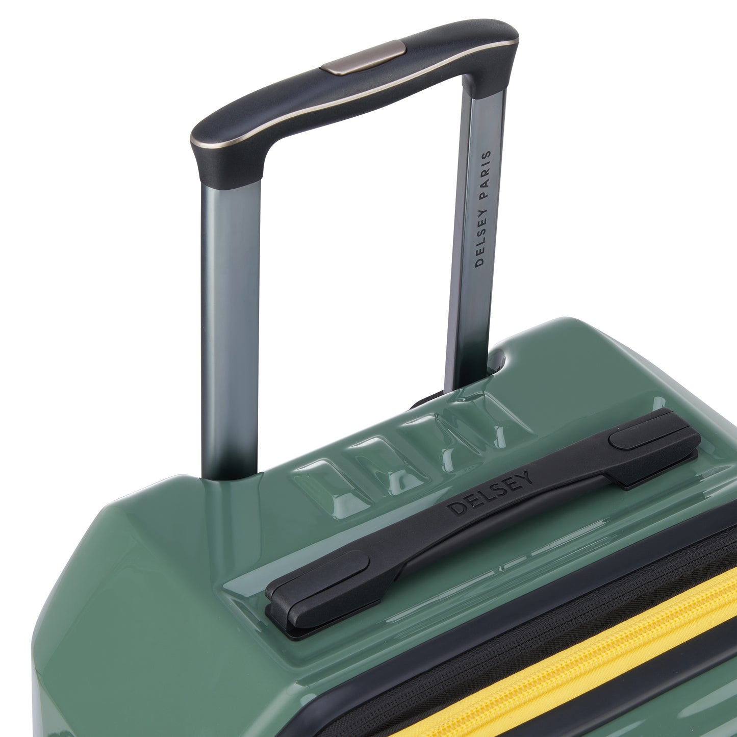 Detalhe da alça retrátil e alça superior em mala rígida verde com acabamento em zíper amarelo, design robusto da marca DELSEY, conhecida por suas malas duráveis e inovadoras.