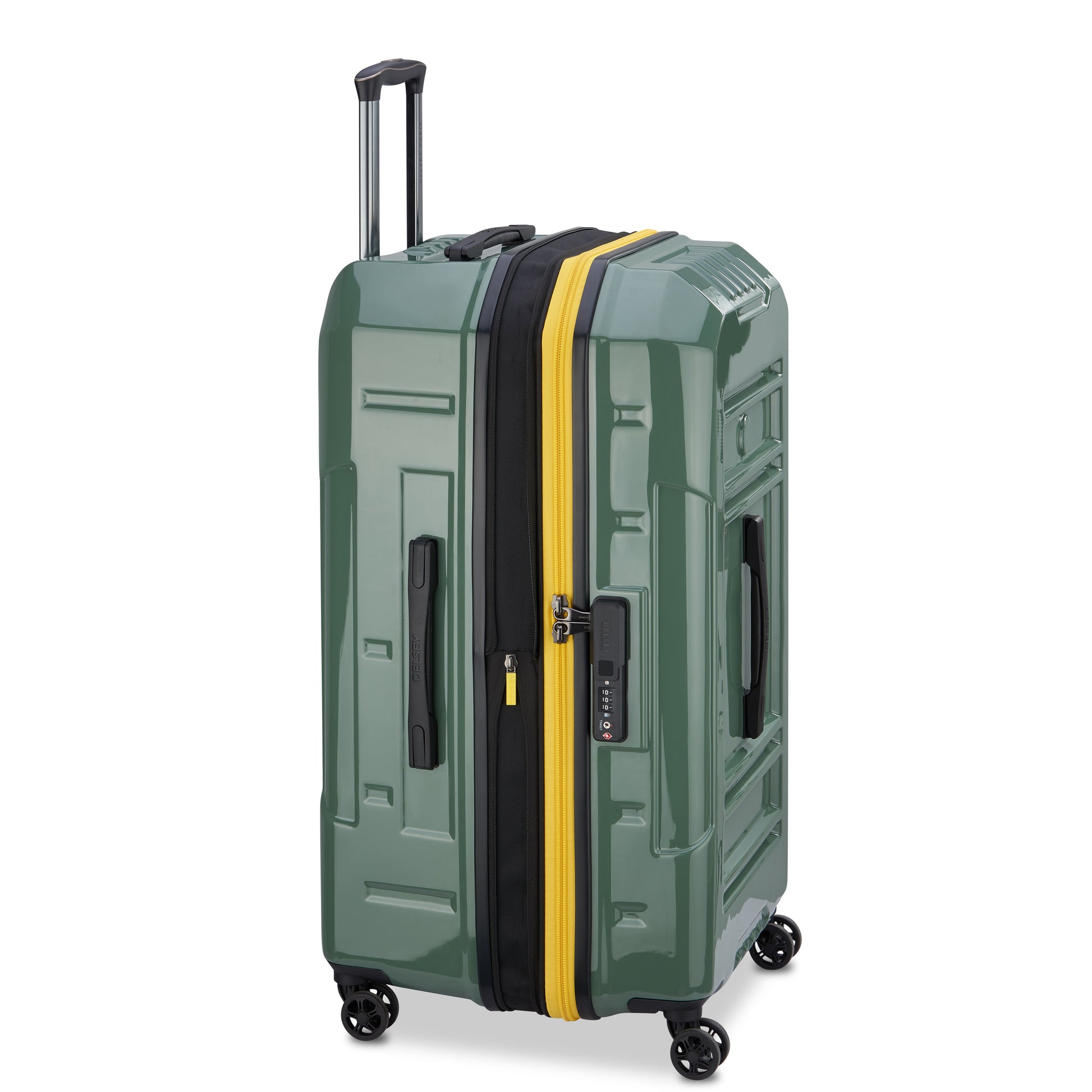 Mala de viagem grande expansível em policarbonato verde com carrinho retrátil, zíper amarelo e sistema de segurança com senha, modelo trunk da DELSEY.