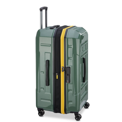 Mala de viagem grande expansível em policarbonato verde com carrinho retrátil, zíper amarelo e sistema de segurança com senha, modelo trunk da DELSEY.