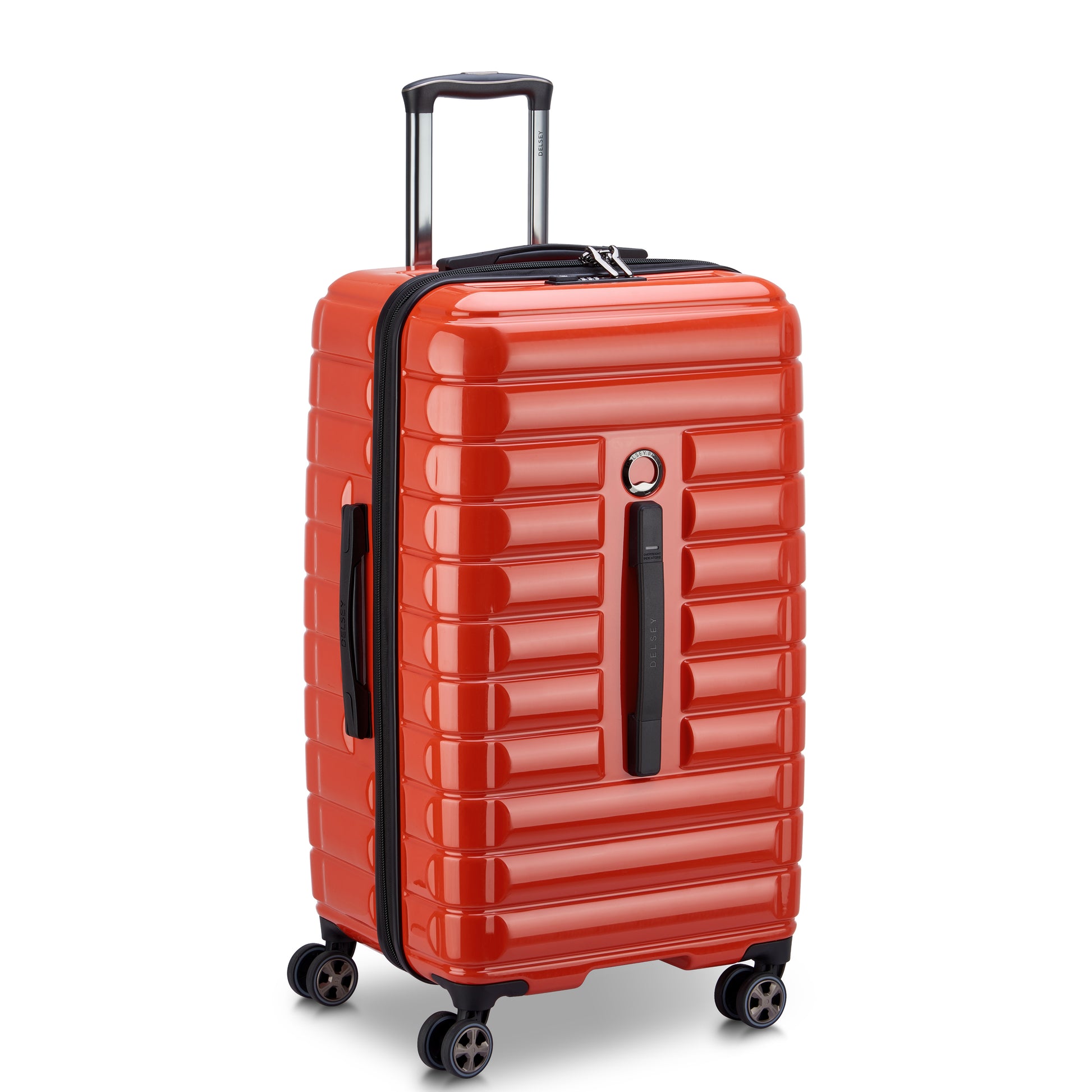 Mala média rígida em formato trunk na cor laranja vibrante, com rodas giratórias e puxador retrátil, fabricada pela DELSEY, ideal para viagens com estilo e durabilidade.