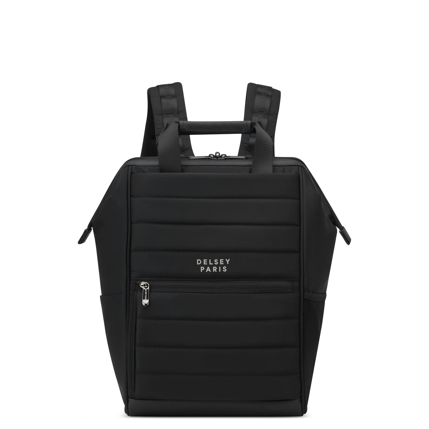Mochila preta para notebook da DELSEY, design moderno e compacto com alças acolchoadas, ideal para uso diário com compartimentos funcionais e acabamento resistente.
