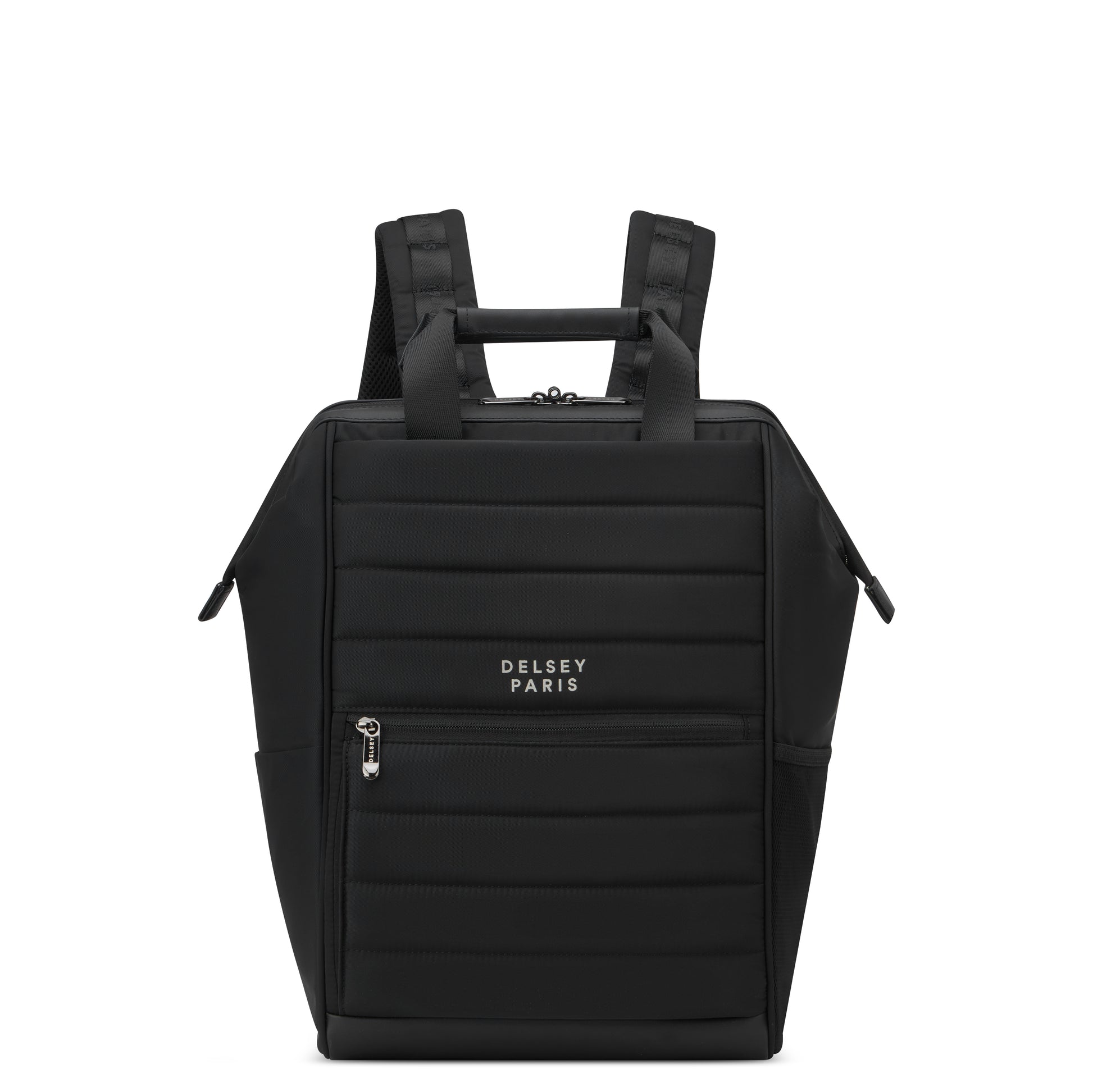 Mochila preta para notebook da DELSEY, design moderno e compacto com alças acolchoadas, ideal para uso diário com compartimentos funcionais e acabamento resistente.