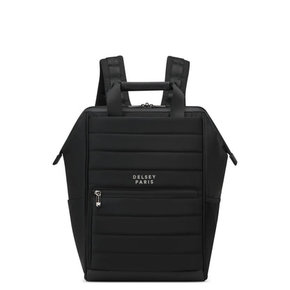 Mochila preta para notebook da DELSEY, design moderno e compacto com alças acolchoadas, ideal para uso diário com compartimentos funcionais e acabamento resistente.