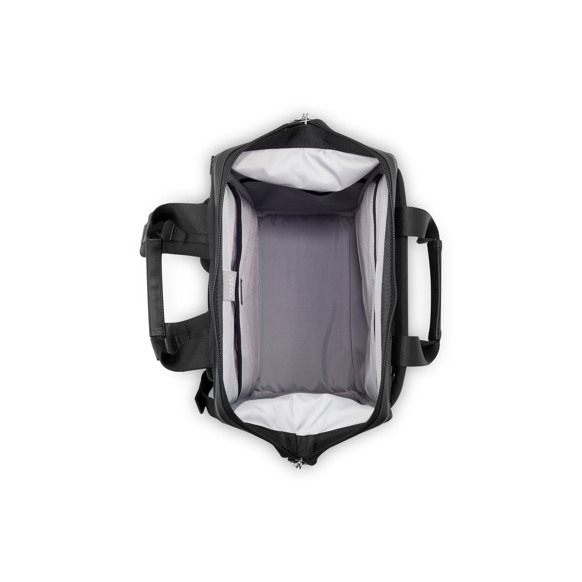 Mochila preta para notebook da DELSEY, com interior espaçoso e design funcional, ideal como acessório resistente para uso diário e viagens.