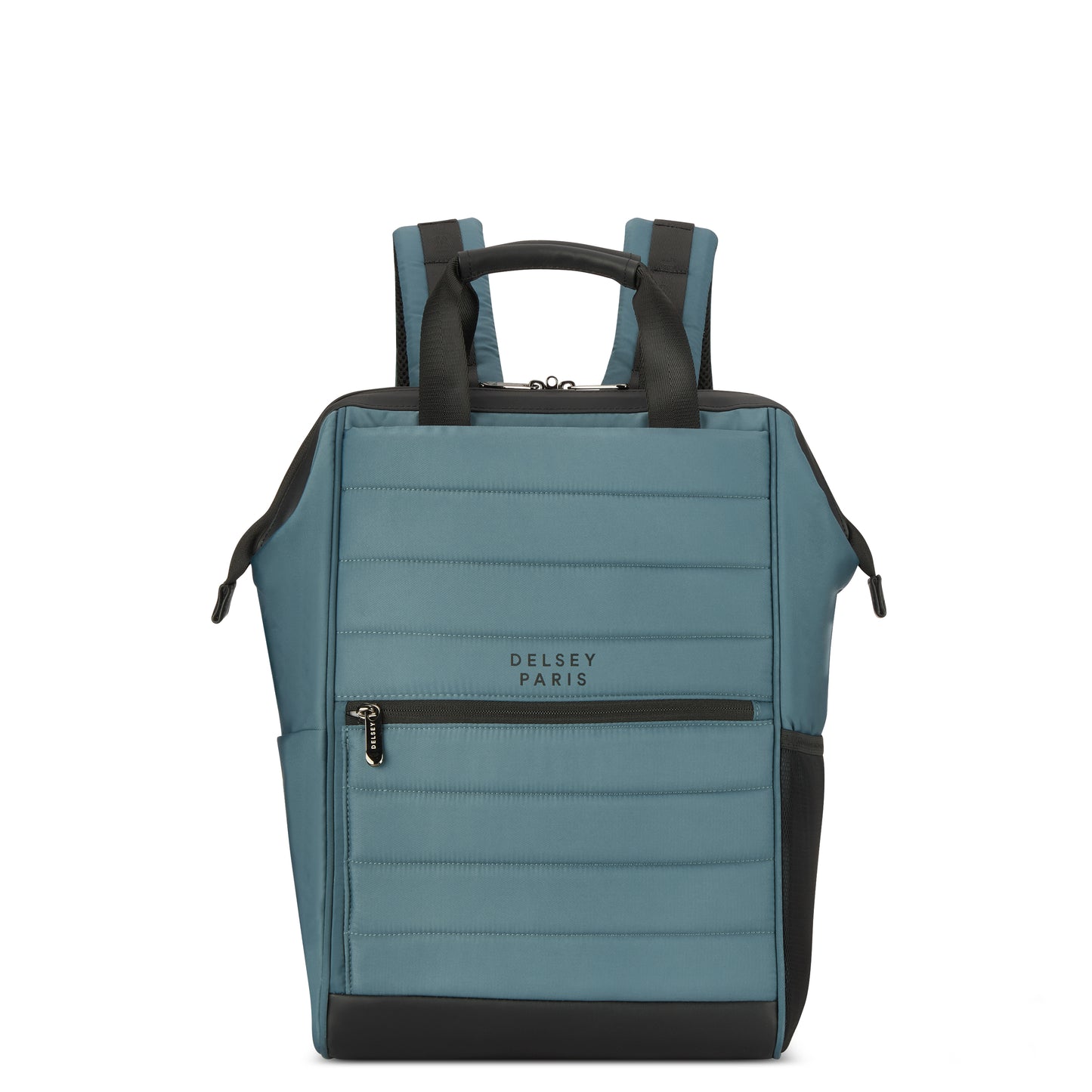 Mochila azul para notebook da DELSEY com design moderno e alças acolchoadas, ideal para transporte seguro com compartimentos funcionais e detalhes em preto.