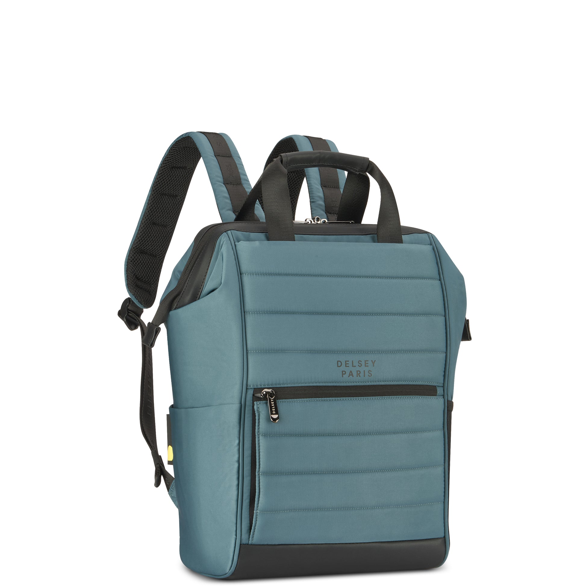 Mochila para notebook em tom azul com design moderno, alças acolchoadas e bolsos frontais com zíper, fabricada pela DELSEY, marca francesa reconhecida pela qualidade e durabilidade.