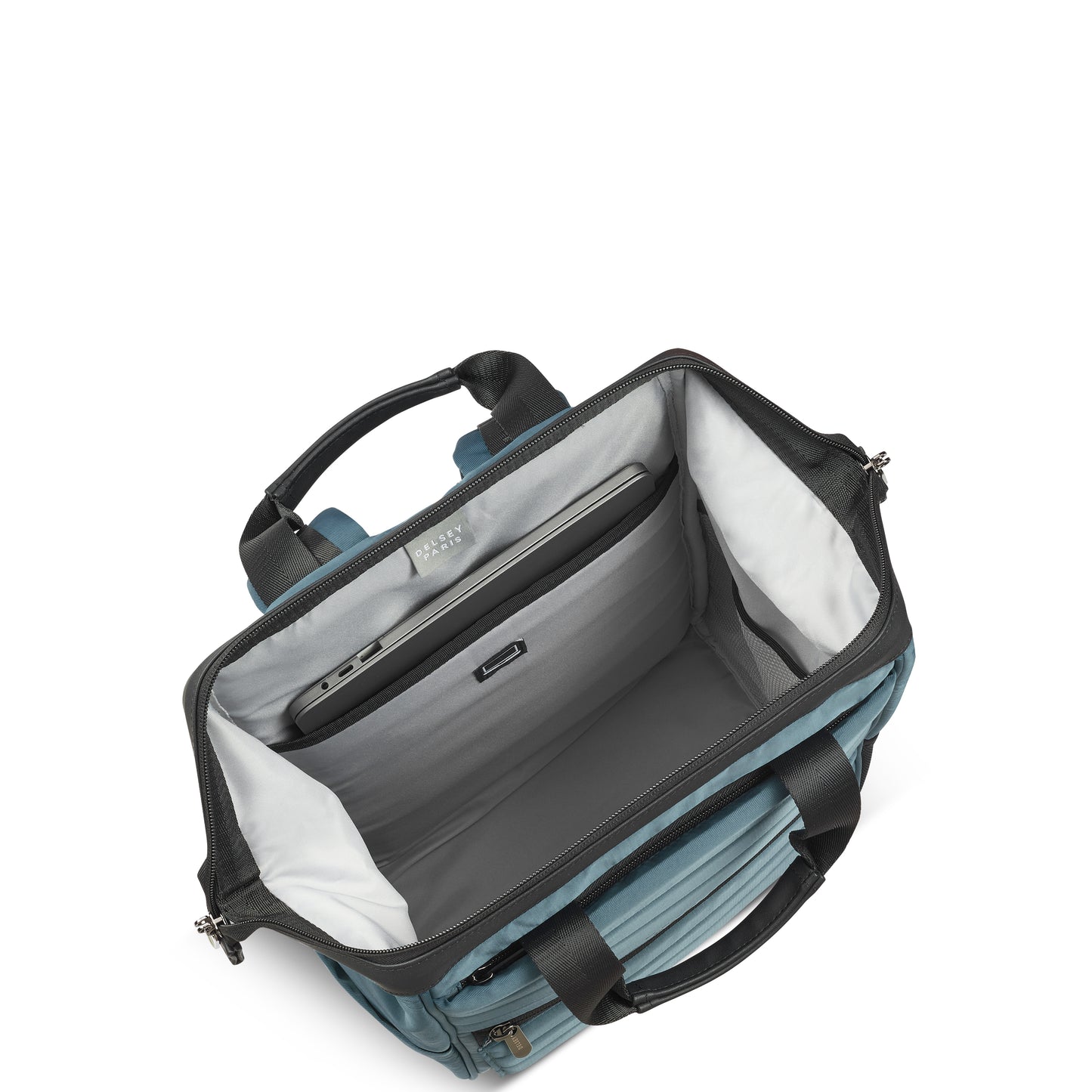 Mochila azul da DELSEY com compartimento interno para notebook, design robusto e funcional, ideal para transporte seguro e organizado em viagens ou uso diário.
