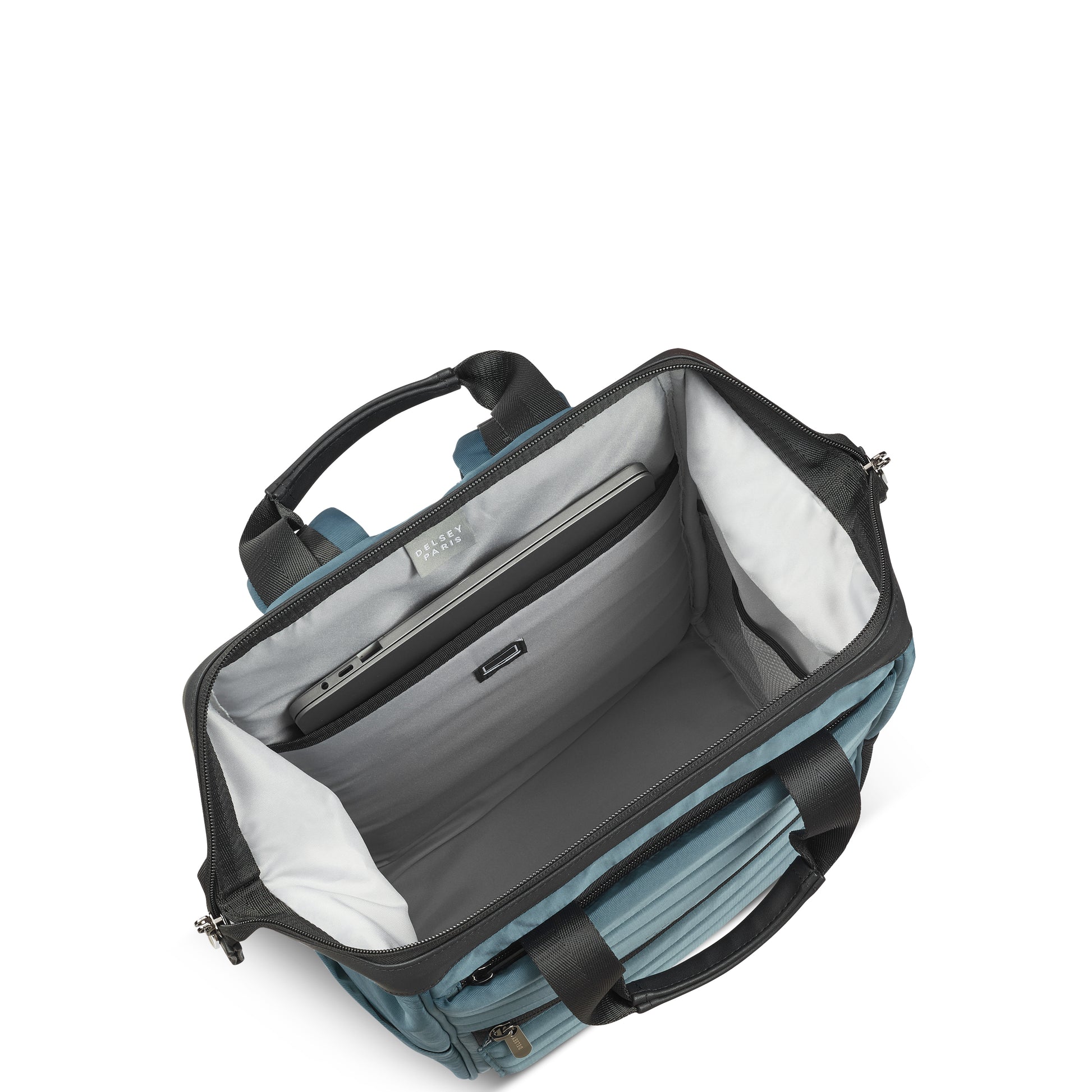 Mochila azul da DELSEY com compartimento interno para notebook, design robusto e funcional, ideal para transporte seguro e organizado em viagens ou uso diário.
